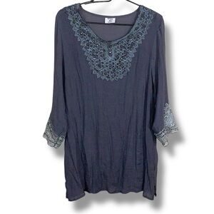 XXL Slate Grey Gray Lightweight Embroidered Lace Top Textured Blouse Boho Hippie